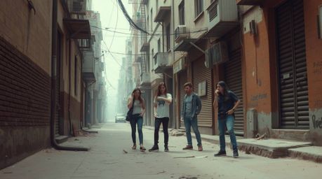 A grungy city alley scene featuring rebellious teens bathed in a soft, dreamy atmosphere. The natural earth tones of browns a