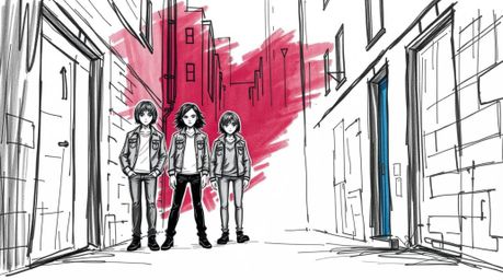 A hand-drawn sketch depicting rebellious teens in a grungy city alley, silhouetted against a backdrop of rich burgundy and de