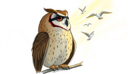 A hand-drawn color sketchnote depicts a Pixar-style blind owl compassionately teaching birds how to fly. The owl gazes into t