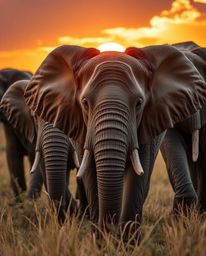 A tight close-up shot of elephants walking across a field at sunset, with a detailed focus on their textured skin and express