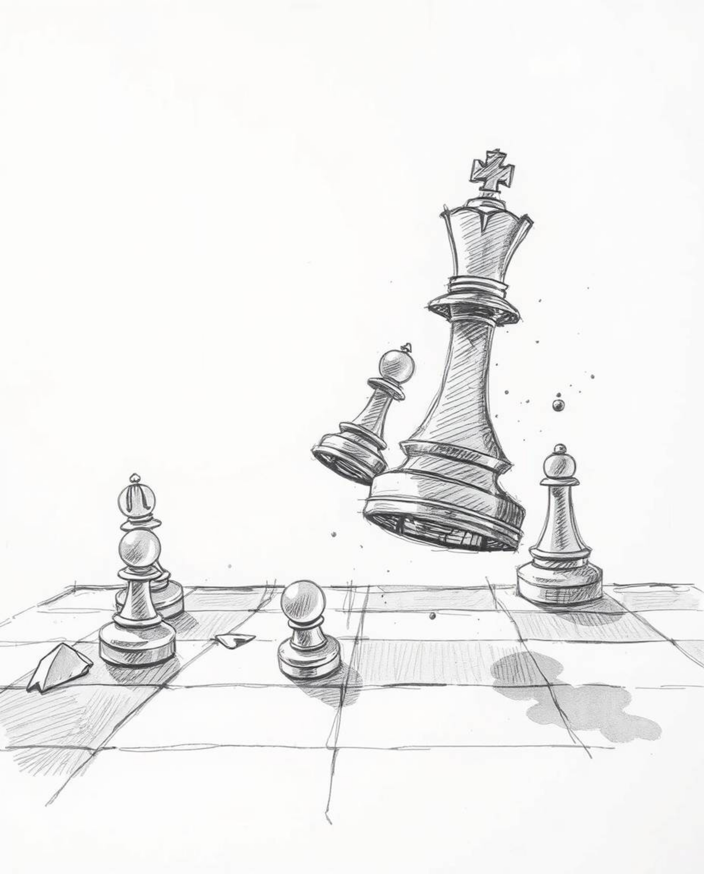 A captivating hand-drawn sketch depicting a chessboard with pieces suspended mid-air in a moment of frozen destruction.  The 