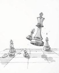 A captivating hand-drawn sketch depicting a chessboard with pieces suspended mid-air in a moment of frozen destruction.  The 