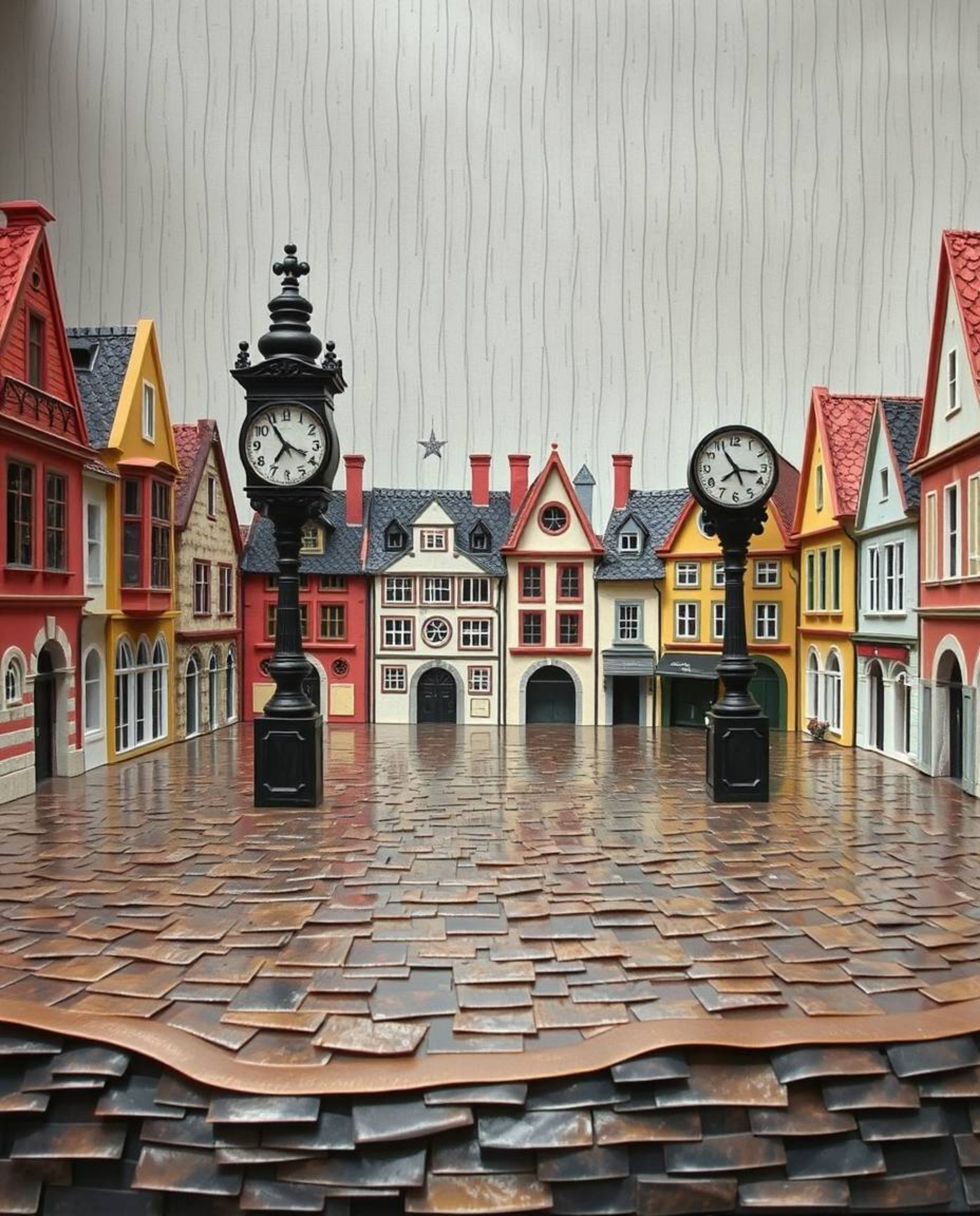 This sculpted, layered papier-mâché artwork captures the eerie stillness of an empty town square under a drizzling rain. Tick