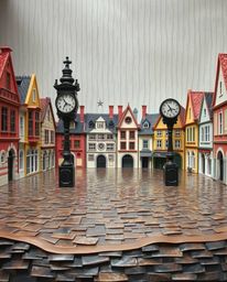 This sculpted, layered papier-mâché artwork captures the eerie stillness of an empty town square under a drizzling rain. Tick