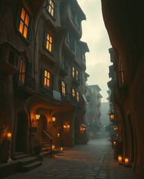 Experience a warm and surreal street scene featuring buildings that fold and twist in natural earth tones, illuminated by the