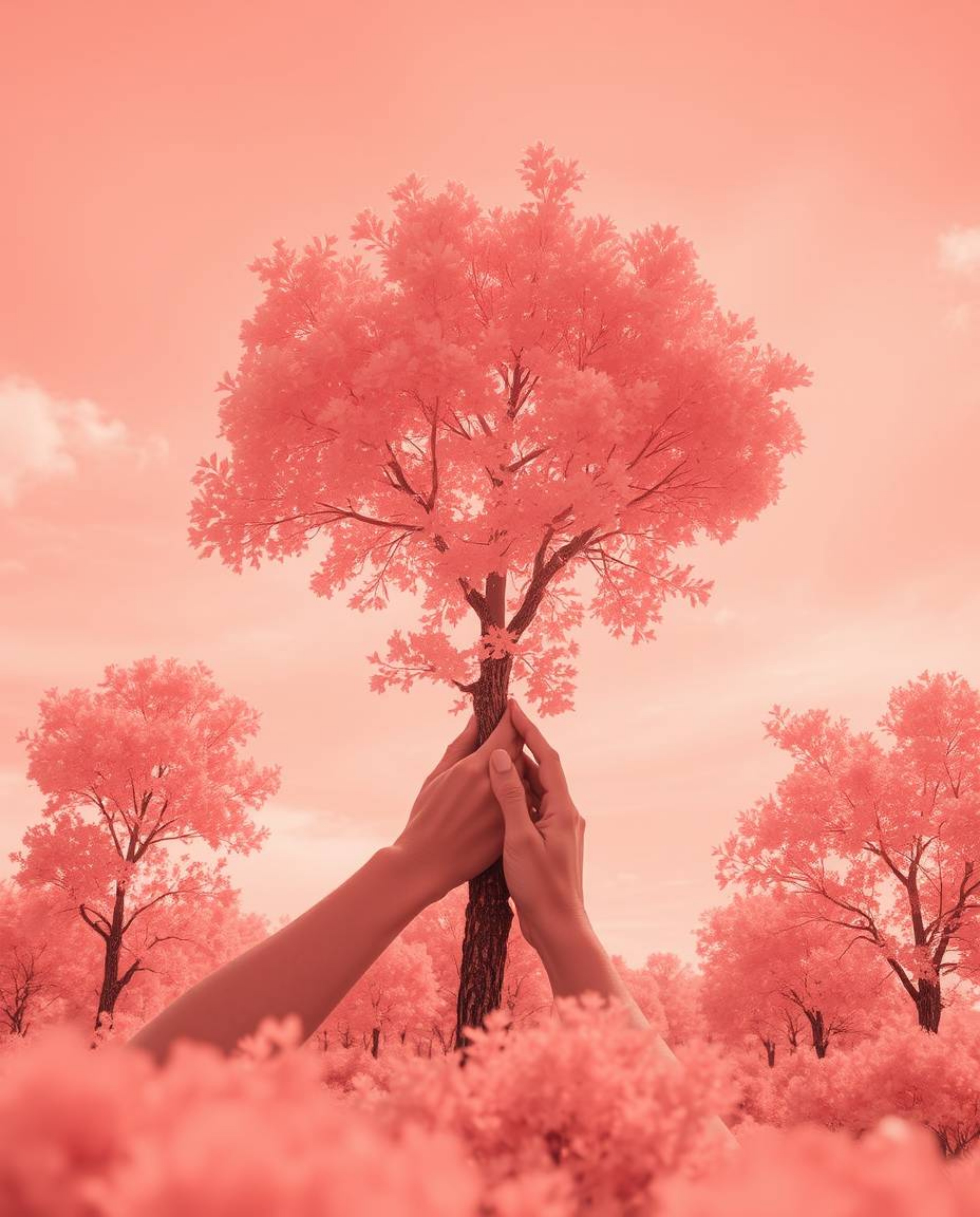 Immerse yourself in a surreal world with this captivating infrared image. Hands gently plant a tree beneath a breathtaking go