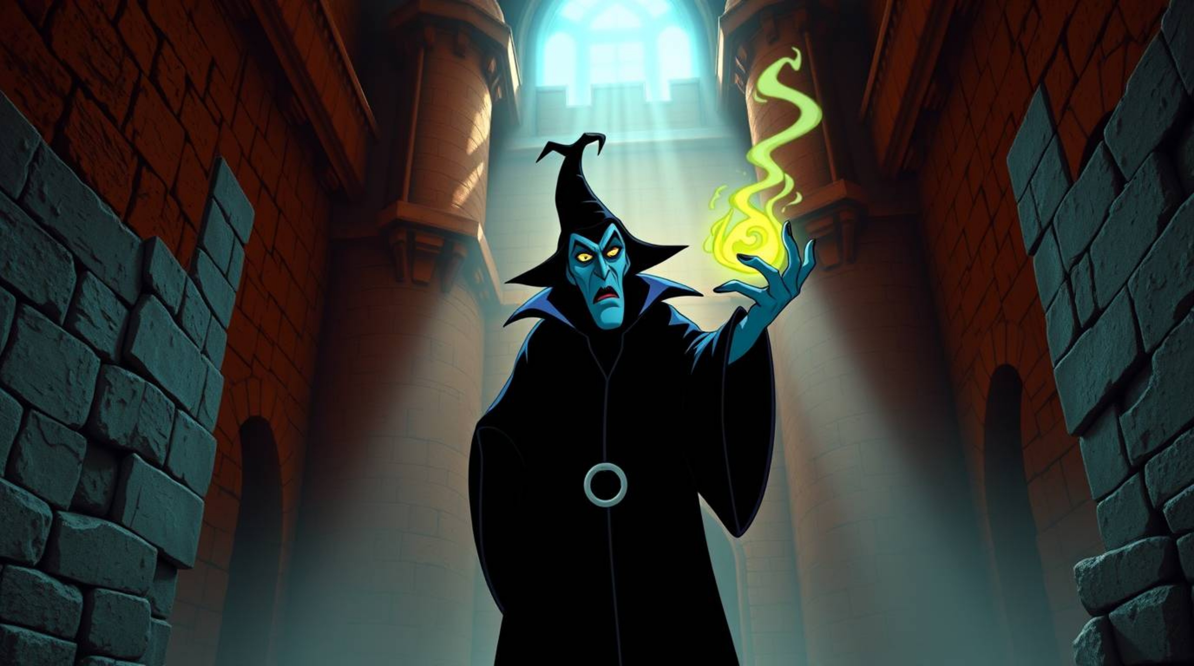 A captivating image of a classic Disney villain casting a spell within the walls of an ancient castle. The scene is rendered 