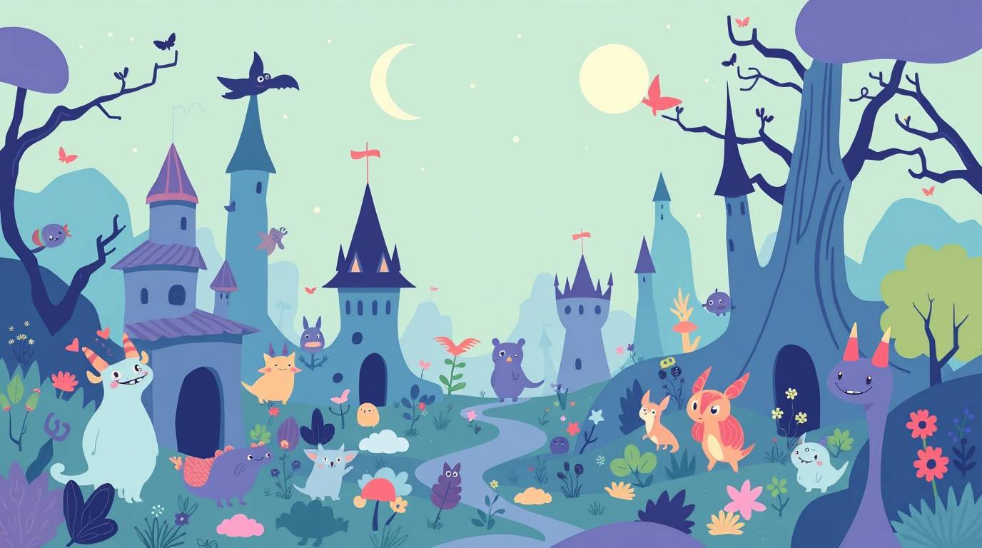 Explore a whimsical fantasy kingdom brimming with quirky magical creatures, brought to life in a cool and modern flat design 