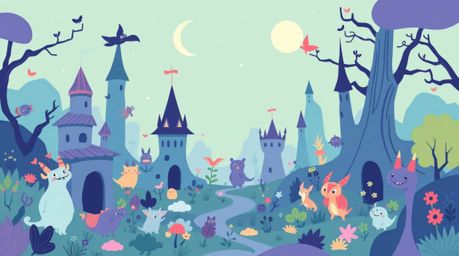 Explore a whimsical fantasy kingdom brimming with quirky magical creatures, brought to life in a cool and modern flat design 