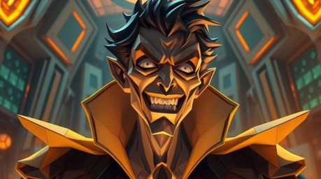 A villain with delicate features and light skin experiences a humorous breakdown within a high-tech lair.  The scene is rende