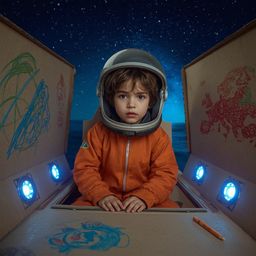 A whimsical high fashion photography series capturing a young boy with messy brown hair and bright eyes, transformed into a m