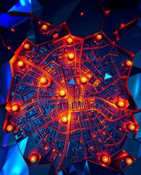 An abstract city map, visualized from a bird's-eye perspective, is constructed from precise geometric forms, all bathed in th