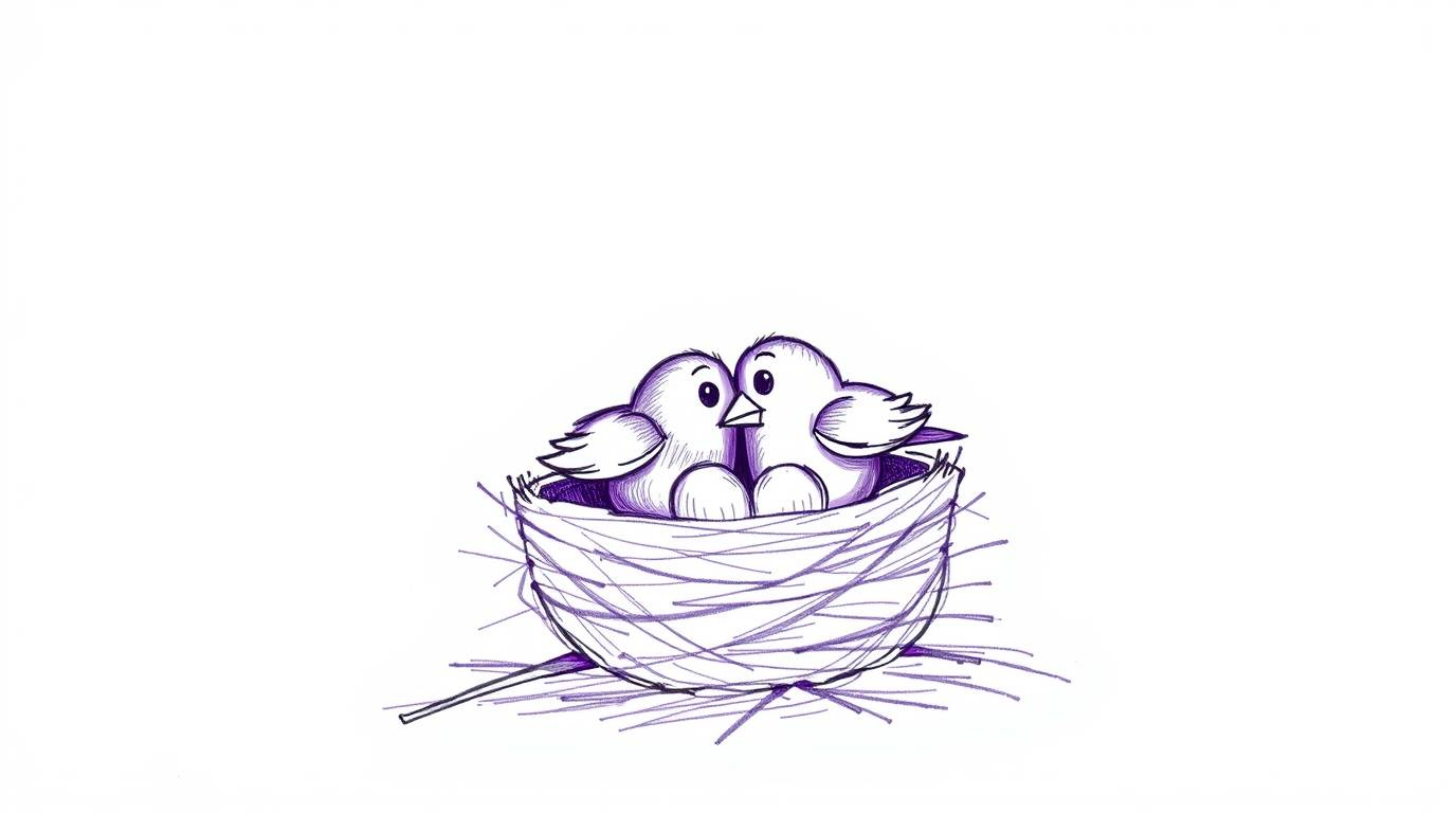 A charming hand-drawn sketch depicts two cartoon birds constructing a nest in a classic animation style.  The vivid purple to
