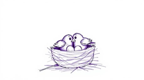A charming hand-drawn sketch depicts two cartoon birds constructing a nest in a classic animation style. The vivid purple to