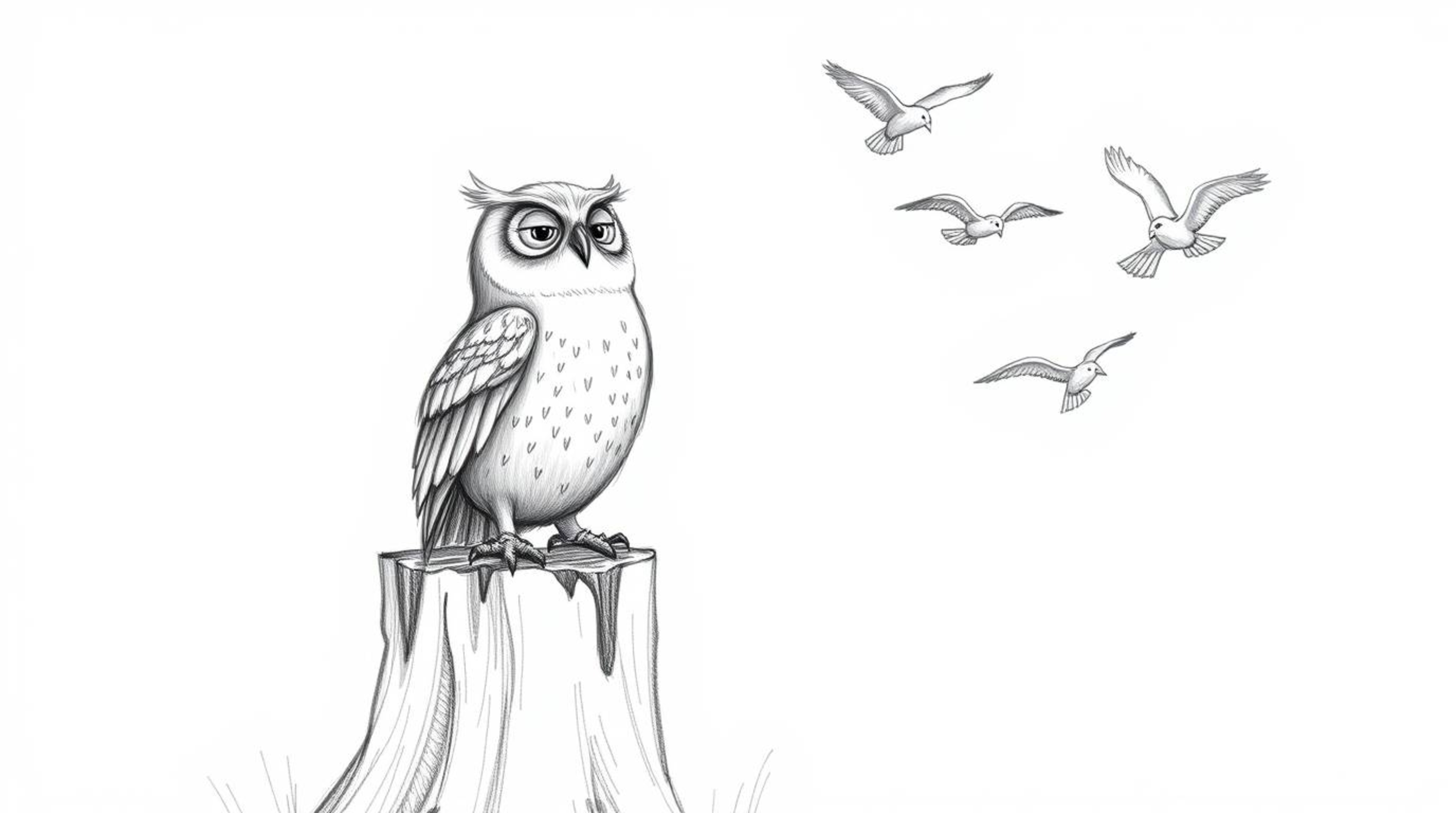 A heartwarming hand-drawn sketch, Pixar style, featuring a blind owl perched on a tree stump, joyfully cheering on flying bir