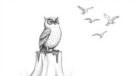 A heartwarming hand-drawn sketch, Pixar style, featuring a blind owl perched on a tree stump, joyfully cheering on flying bir