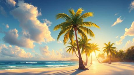 Immerse yourself in a digital painting of an adorable and charming tropical beach sunset. Swaying palm trees are bathed in a 