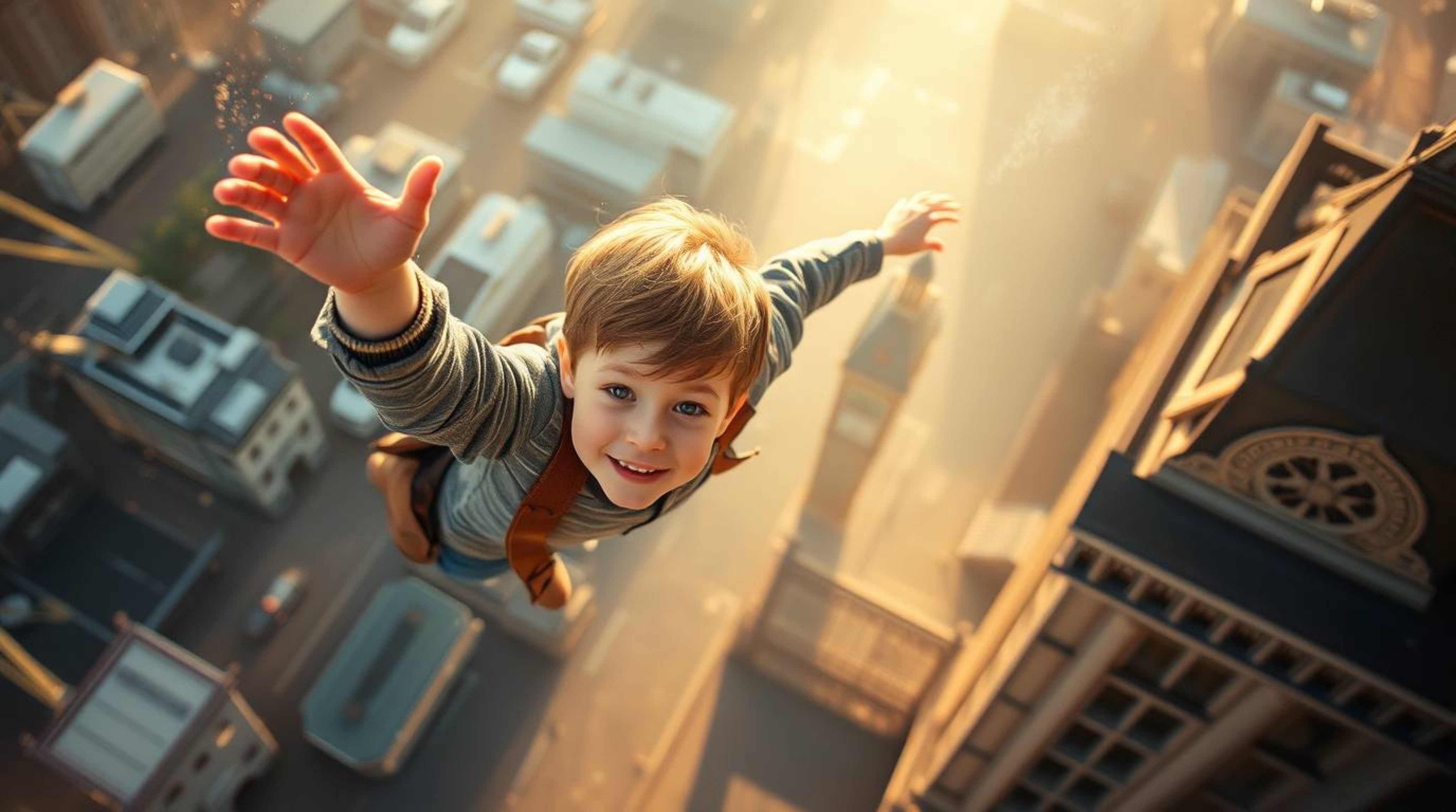 A captivating overhead shot depicts a young boy seemingly flying above London, sprinkled with magical pixie dust.  Bathed in 