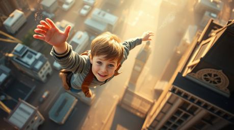 A captivating overhead shot depicts a young boy seemingly flying above London, sprinkled with magical pixie dust.  Bathed in 