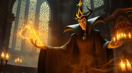 A captivating image depicts a Disney villain, bathed in a warm golden light, casting a spell within a majestic castle. The sc