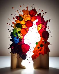A captivating backlit papier-mâché sculpture showcasing vibrant watercolor splashes blended with vivid tones and chaotic harm