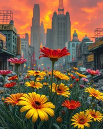 Explore the unexpected beauty of flowers thriving in a post-apocalyptic city. This collection showcases vibrant contrasting c
