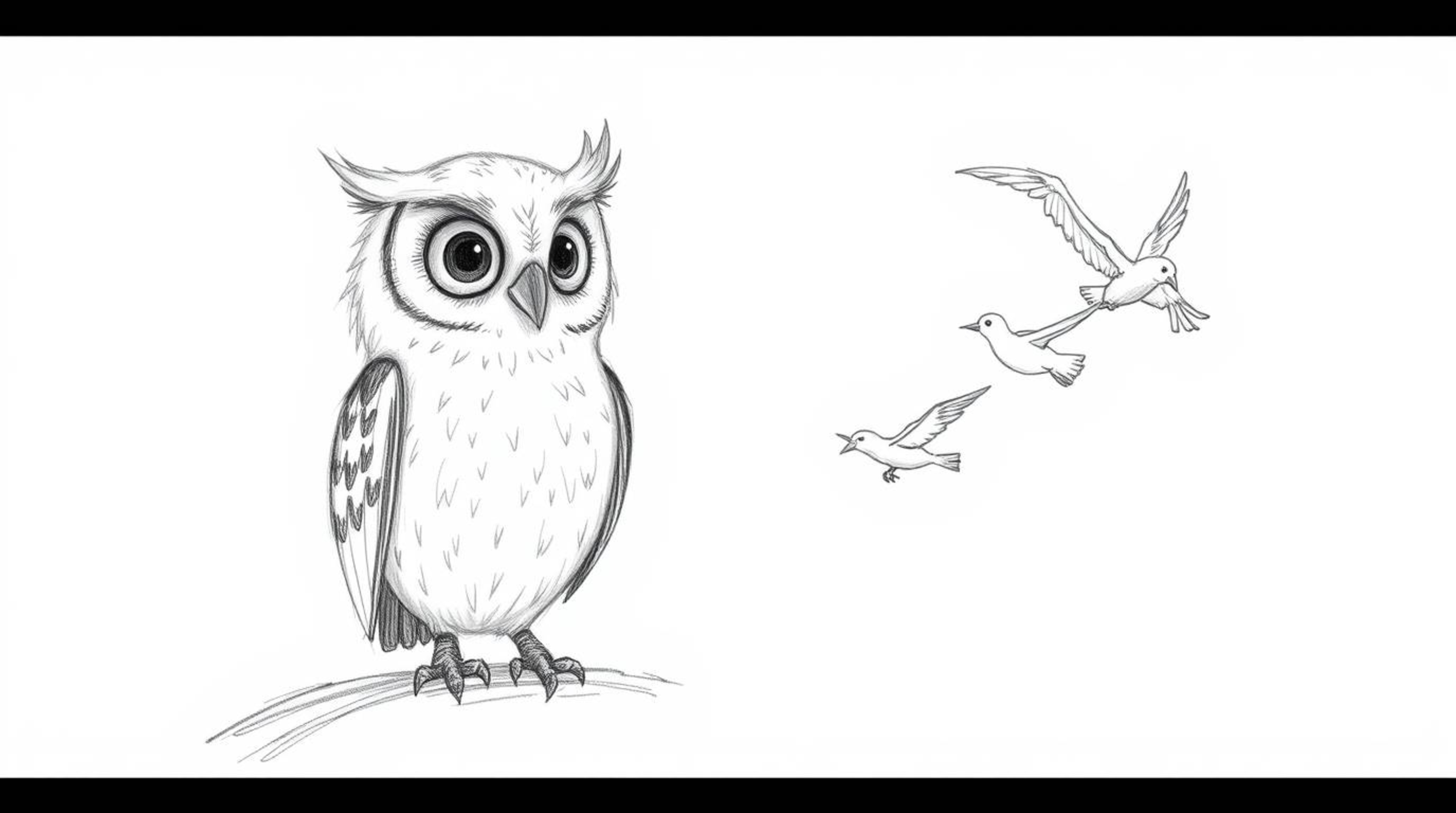 A heartwarming Pixar-style sketch depicts a blind owl with incredibly soft, feathery textures, mentoring a flock of diverse b