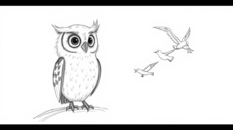 A heartwarming Pixar-style sketch depicts a blind owl with incredibly soft, feathery textures, mentoring a flock of diverse b
