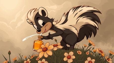 A charming yet dramatic digital artwork depicts a cartoon skunk spraying perfume onto flowers, rendered in a palette of muted