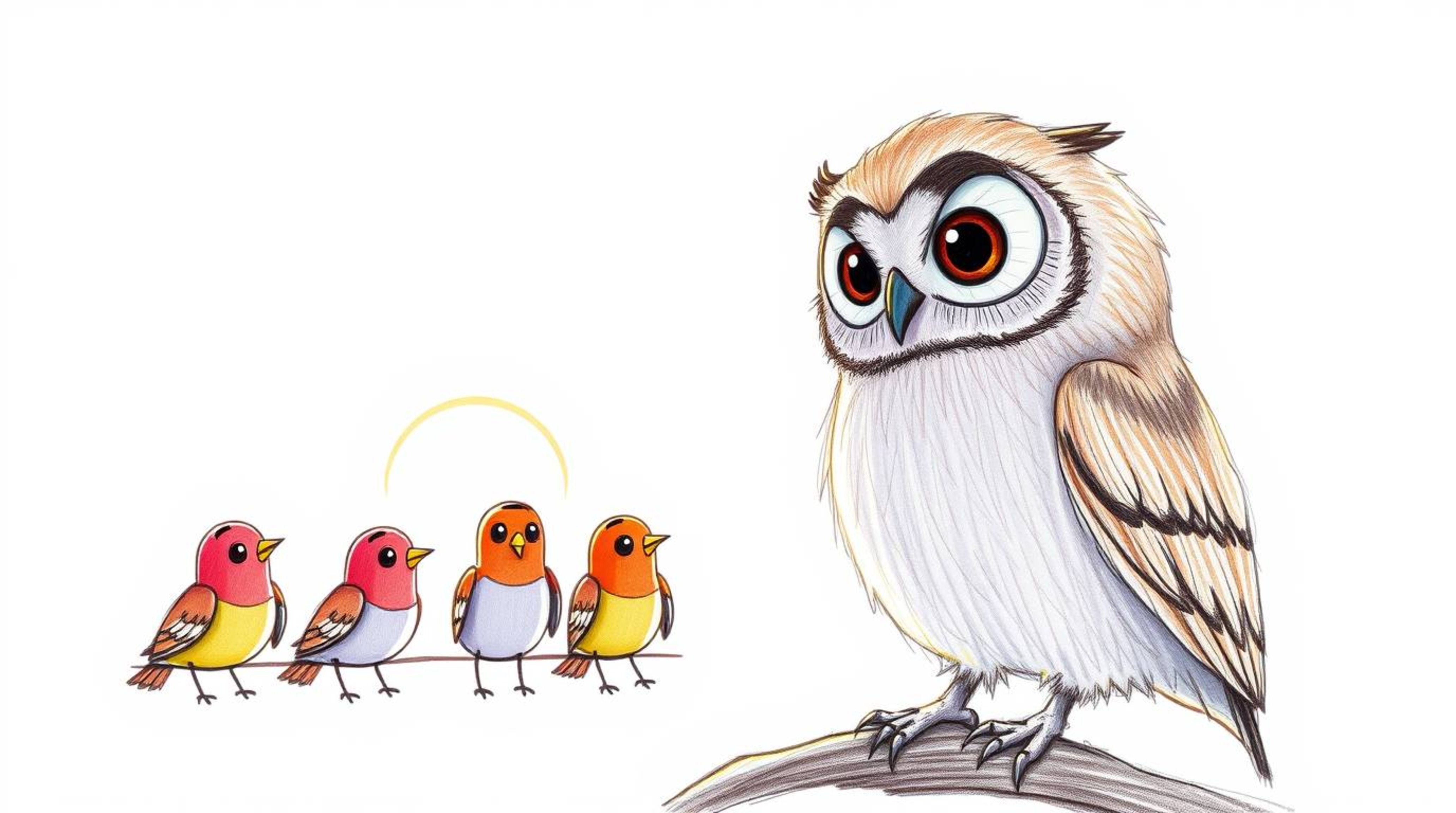 A heartwarming hand-drawn sketch in the style of Pixar depicts a gentle, blind owl with soft feathers teaching a classroom of