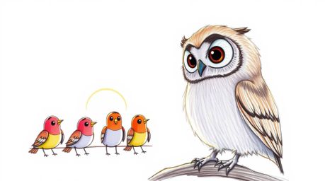 A heartwarming hand-drawn sketch in the style of Pixar depicts a gentle, blind owl with soft feathers teaching a classroom of