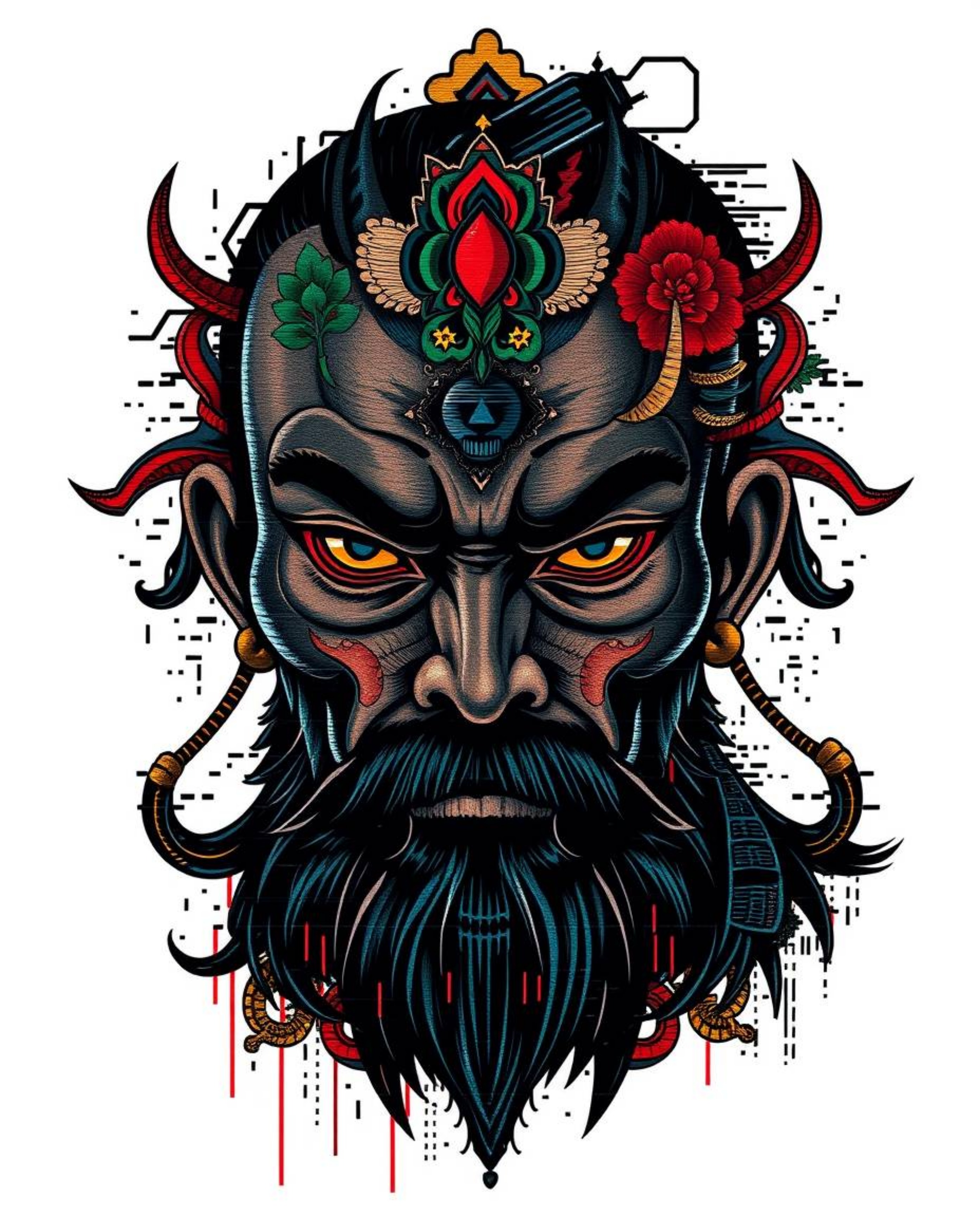 Discover stunning digital glitch art portraits, reminiscent of symbolic traditional tattoo art.  These prints feature intense