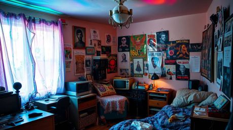 Step into a mesmerizing, messy bedroom awash in iridescent hues and reflections.  Weird gadgets and posters add to the mystic