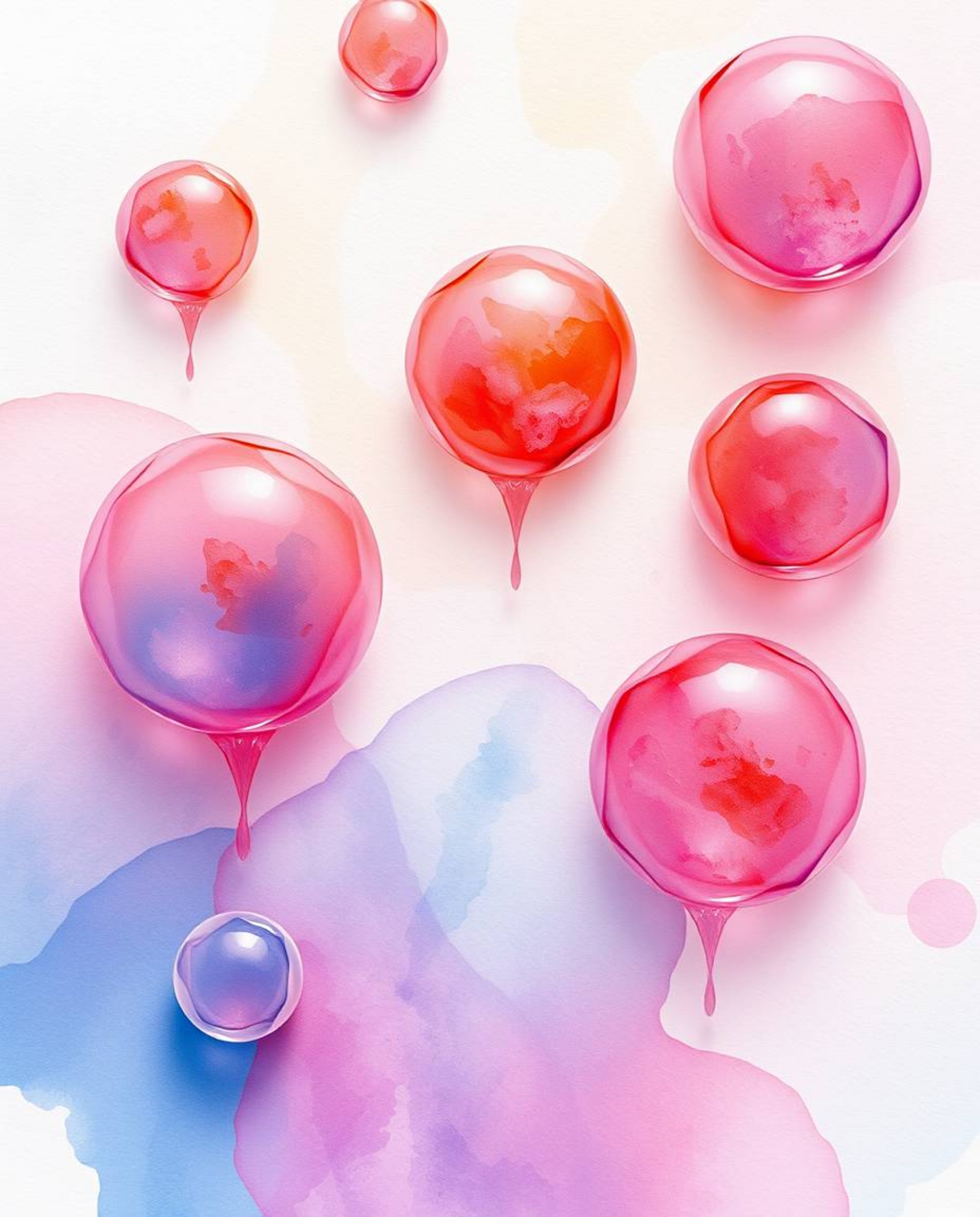 This delicate watercolor painting evokes an ethereal and spiritual vibe, showcasing floating 3D blobs of fluid jelly. The art