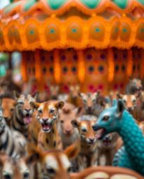 Experience a surreal carnival overtaken by wild animals, captured with a blurred bokeh effect and rich, deep teal hues. This 