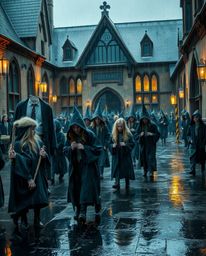 Immerse yourself in the enchanting world of a magical school, where young wizards navigate a captivating setting of a wet and