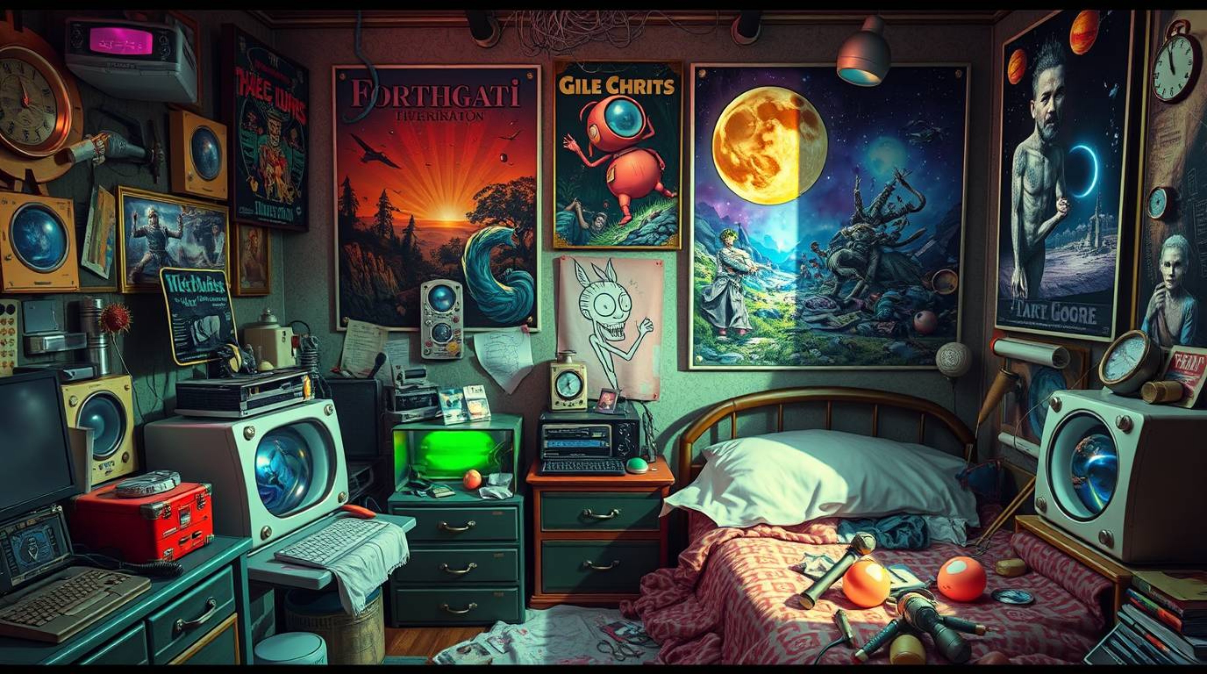 Discover a surreal and vibrant digital painting of a messy bedroom, overflowing with bizarre gadgets and fantastical posters.