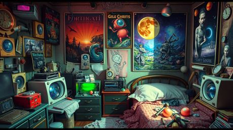 Discover a surreal and vibrant digital painting of a messy bedroom, overflowing with bizarre gadgets and fantastical posters.