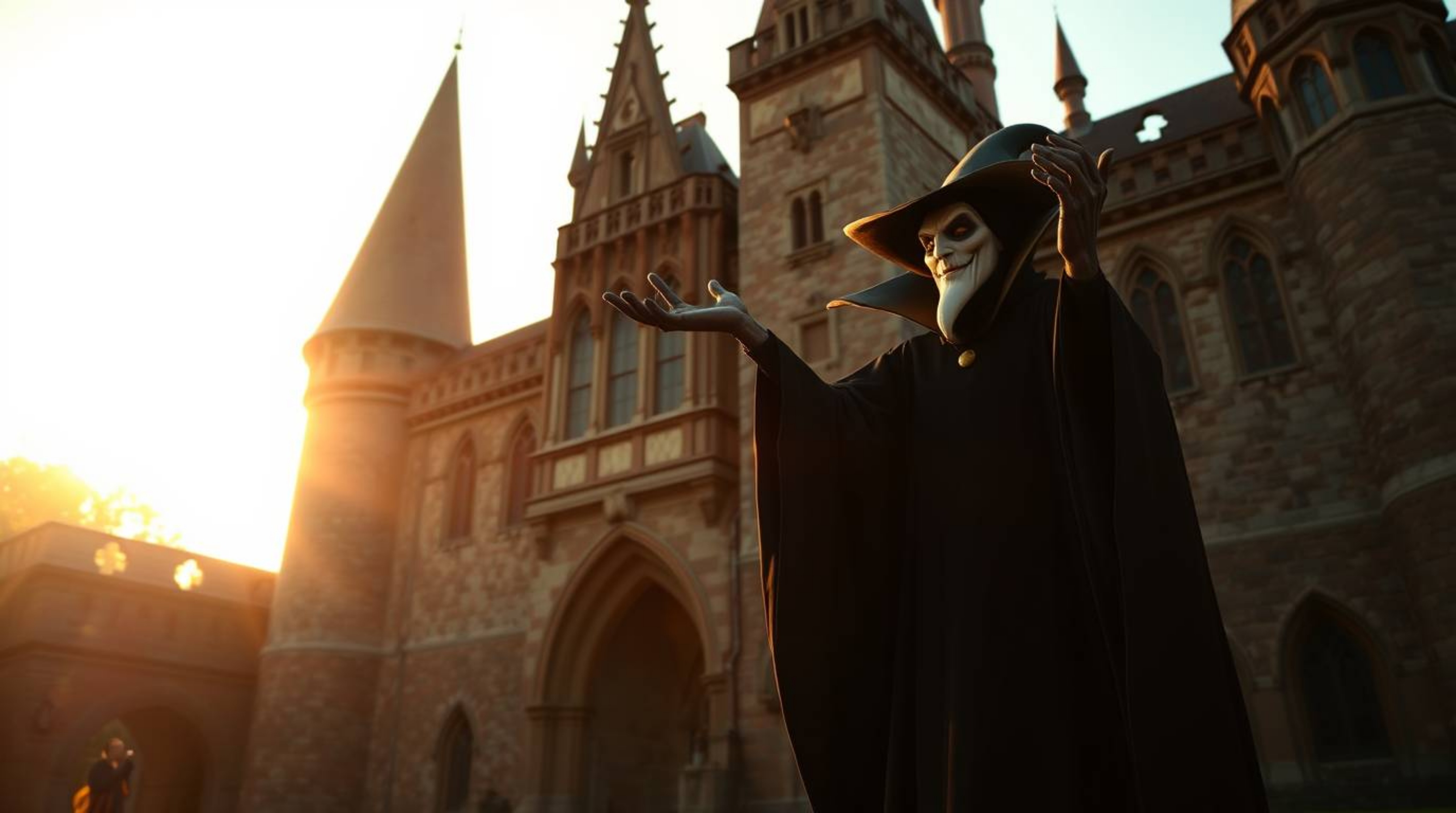 A captivating fine art photograph depicts a classic Disney villain casting a spell within an ancient castle, bathed in the wa