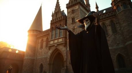 A captivating fine art photograph depicts a classic Disney villain casting a spell within an ancient castle, bathed in the wa