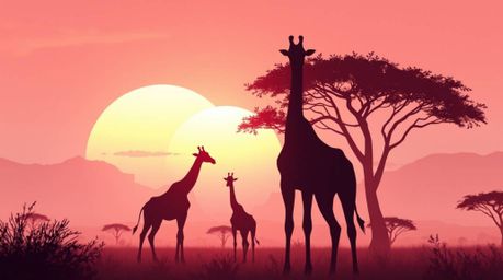 Immerse yourself in a futuristic sci-fi savanna sunset featuring silhouetted giraffes against a backdrop of soft pastel color
