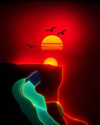 This is a creative light art piece in a modern flat design style, depicting a sunset over a coastal cliff and soaring birds. 