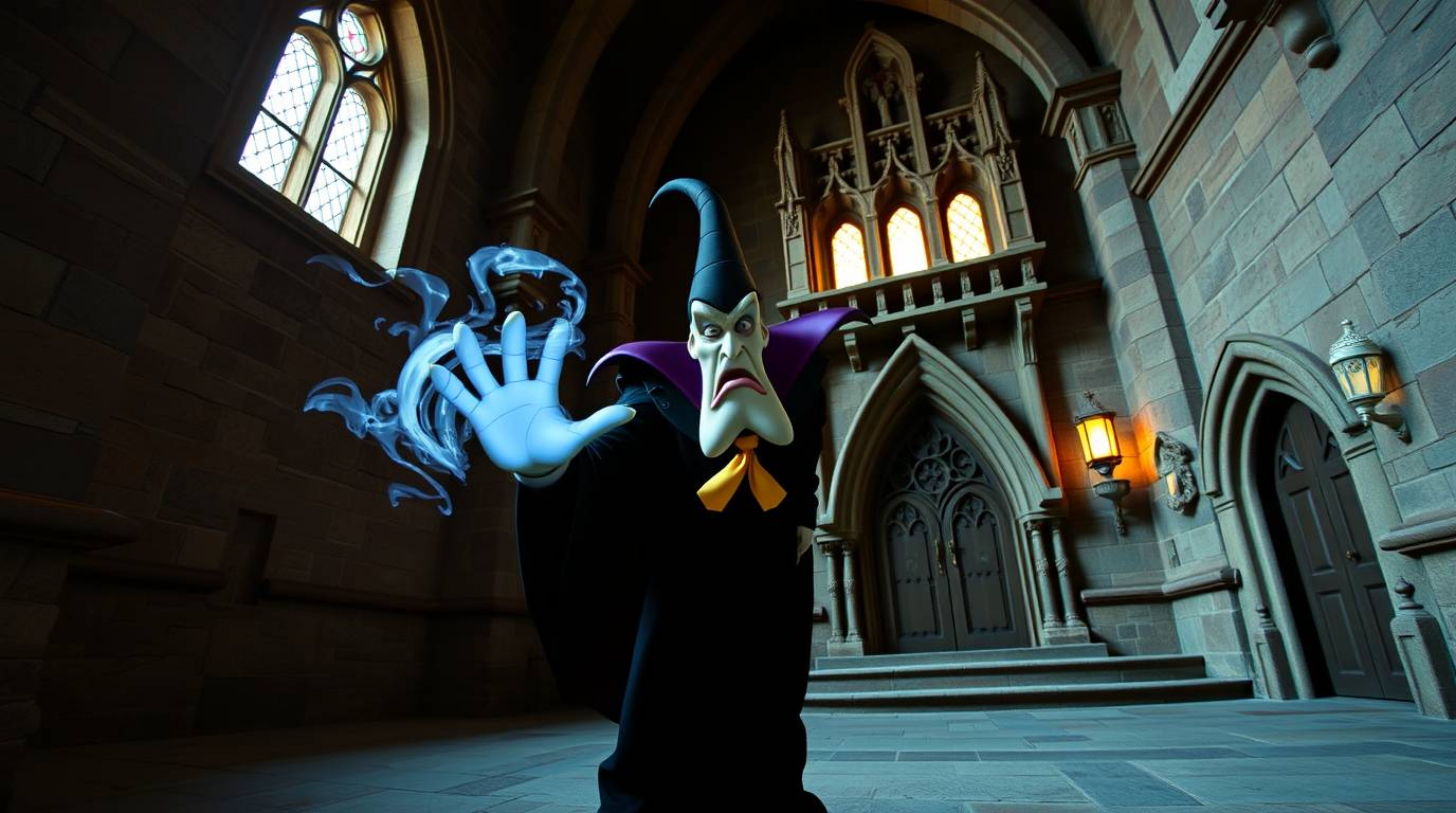A captivating image showcasing precise architectural color photography of a classic Disney villain casting a spell within an