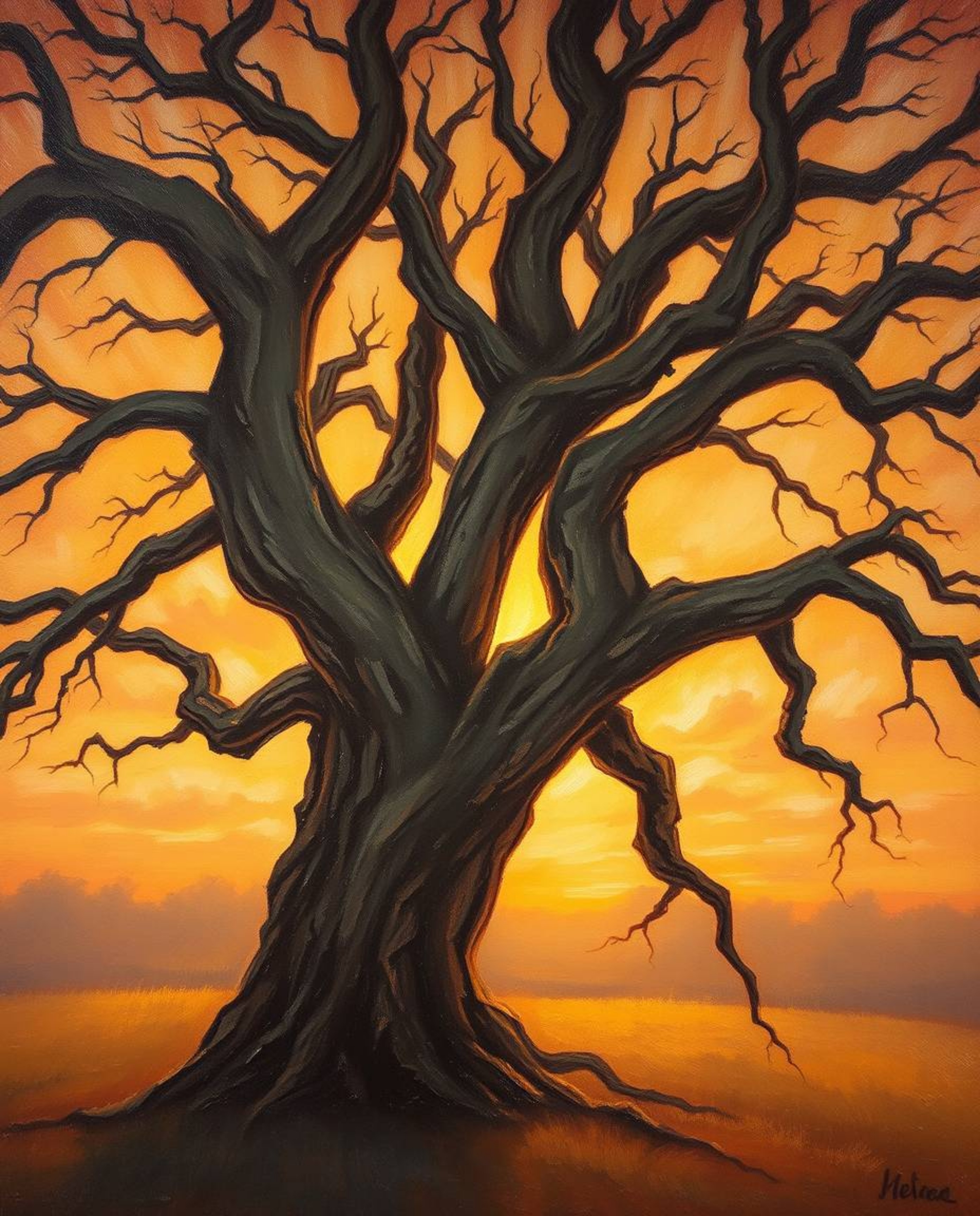 A classic oil painting of a sunset behind an old oak tree with twisted branches. This piece is distinguished by its rich text