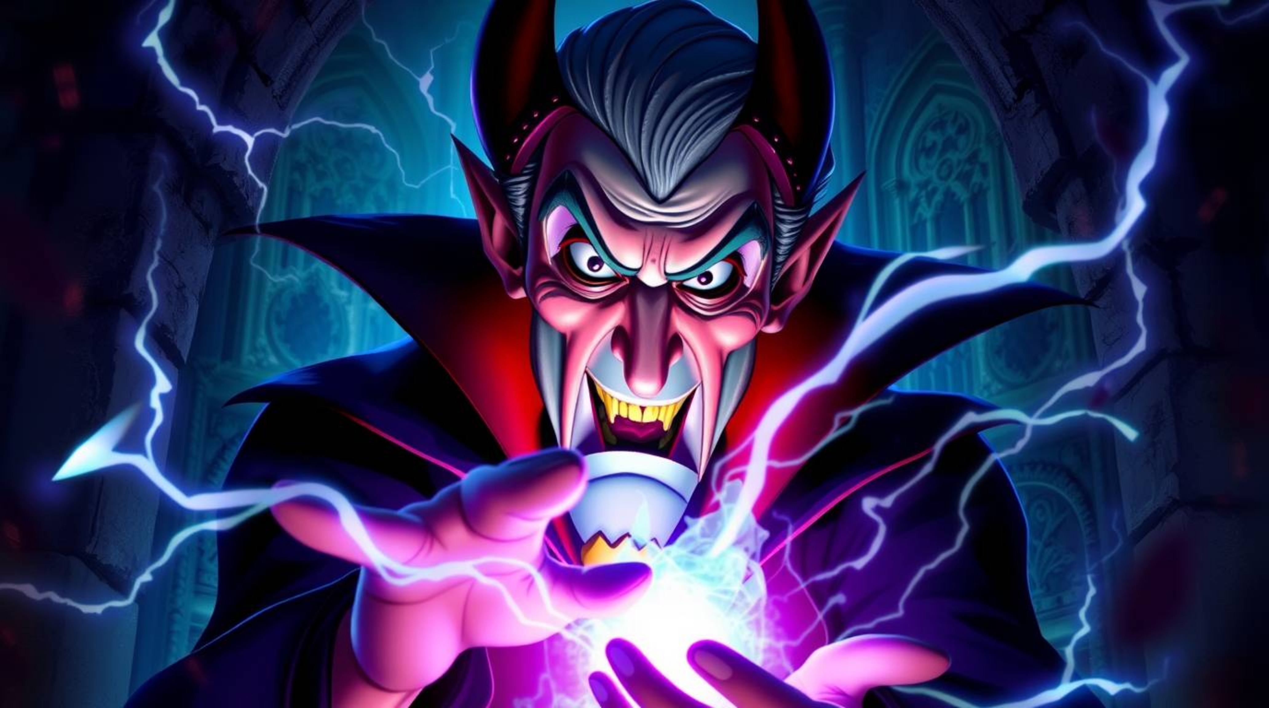 A captivating digital painting showcases a classic Disney villain with piercing dark eyes and sharp features, casting a power