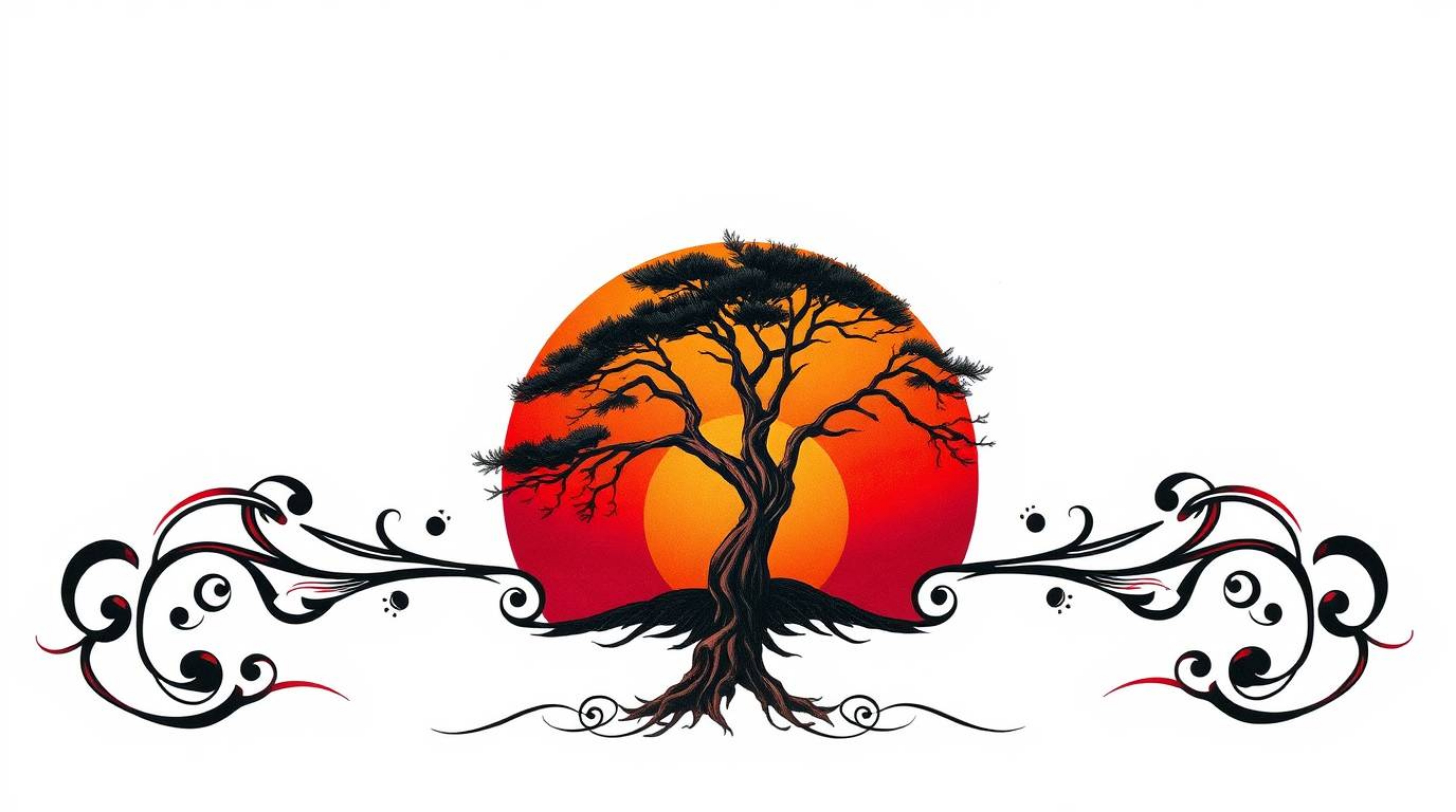 This captivating tattoo art print features a lone tree silhouetted against a vibrant, fiery sunset.  The sharp detail of the 