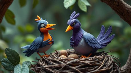 Witness two charming cartoon birds meticulously constructing their nest in a captivating animation.  This classic animation s