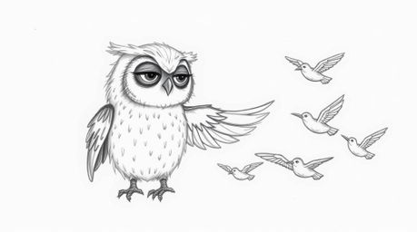 A hand-drawn sketch reminiscent of Pixar, showcases a blind owl with delicate, feathery textures imparting wisdom to a flock 