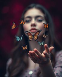 A captivating image featuring a girl releasing butterflies against a rich burgundy and deep blue blurred bokeh background.  T