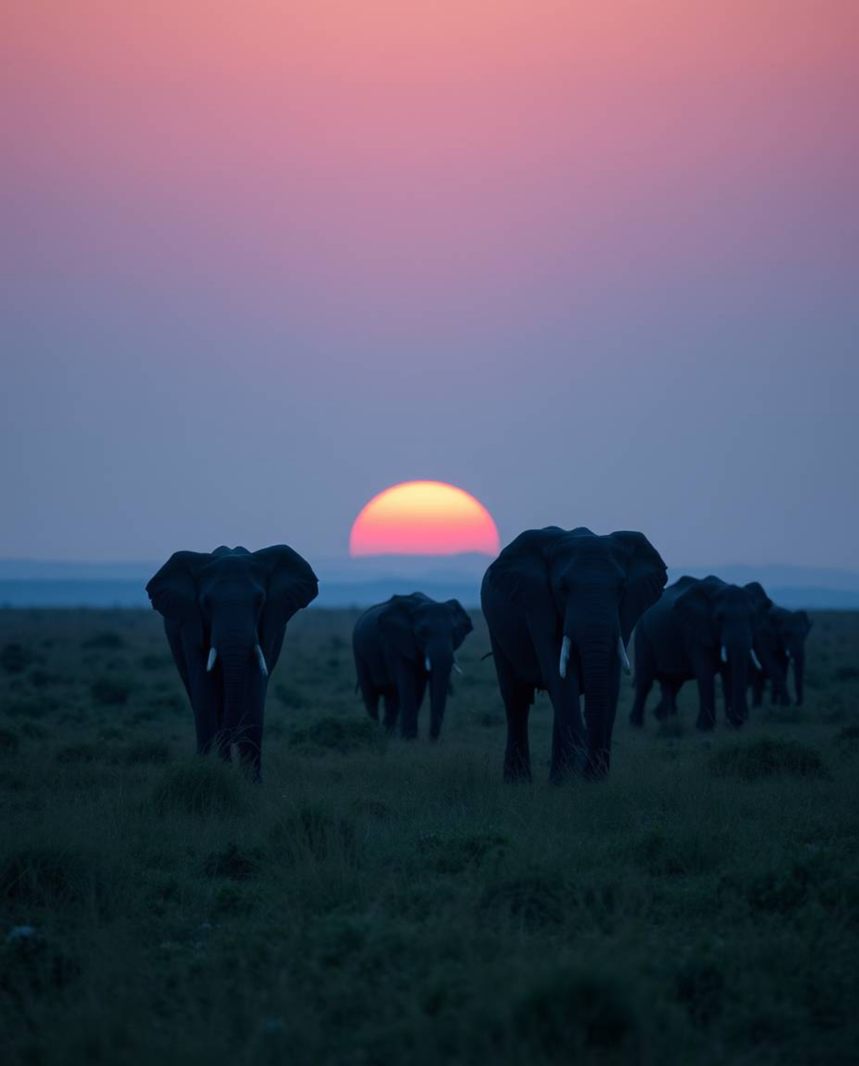 This artwork depicts elephants walking across a sunset field, rendered in a unique and tranquil cool color palette of blues, 